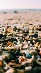 colourful plastic pollution garbage on sea beach sand closeup background texture 