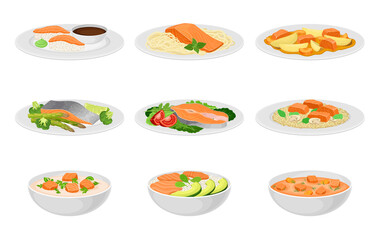 Salmon Dishes Served with Vegetables and Rice Vector Set