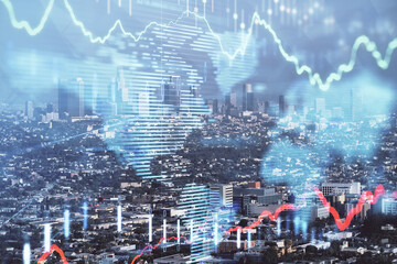 Forex chart on cityscape with skyscrapers wallpaper double exposure. Financial research concept.