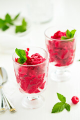 Raspberry sorbet (granite) with champagne. Selective focus