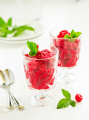 Raspberry sorbet (granite) with champagne. Selective focus