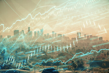 Forex chart on cityscape with skyscrapers wallpaper multi exposure. Financial research concept.