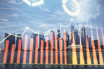 Forex chart on cityscape with tall buildings background multi exposure. Financial research concept.