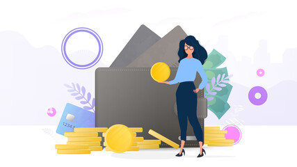 Girls holds a gold coin.
Mountain of coins, credit card, wallet, dollars. The concept of savings and accumulation of money. Good for presentations and business-related articles.