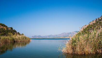 lake in the mountains with blue sky