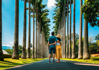 Couple visiting palm alley at Royal Botanical Gardens in Kandy Sri Lanka - obrazy, fototapety, plakaty