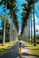 Woman exploring palm alley at Royal Botanical Gardens in Kandy Sri Lanka