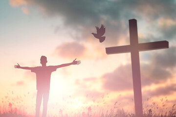 Happy man rise hand Worship God in morning view. Christian spirit prayer praise on good friday...