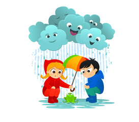 Fototapeta premium Vector illustration of kids play together in the rain. Boy and girl cover frog from rain with umbrella. International Friendship. Funy clouds with happy emotions. 