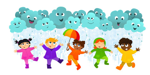 Obraz premium Vector illustration of kids play in the rain. Happy children have fun on rainy day, play togever. Friendship, childhood in rainy weather. Funy clouds with happy emotions. 