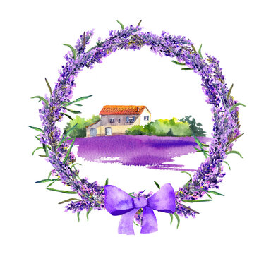 Provence rustic house in lavender wreath watercolor. French provencal illustration - violet blooming field.