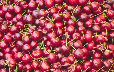 A big pile of fresh ripe red cherries forming a full-frame background