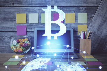 Fototapeta na wymiar Double exposure of blockchain and crypto economy theme hologram and table with computer background. Concept of bitcoin cryptocurrency.
