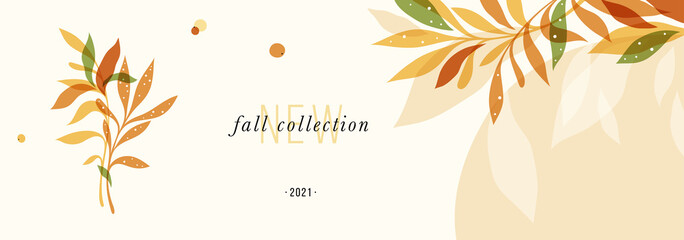 Trendy abstract floral autumn horizontal template. Good for branding, web design, social media post, landing page, banner, business card, invitation, print, flyer or presentation. - obrazy, fototapety, plakaty