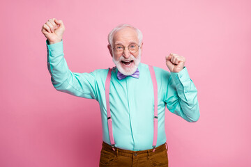 Photo of crazy funky grandpa raise fists celebrating pensioner party beginning ecstatic mood wear...