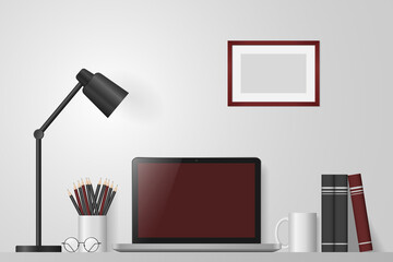 Workspace with laptop, empty frame, books, pencils and lamp on white wall background. Mock up blank screen computer. Remote work, freelance, online learning, distance education. Vector illustration