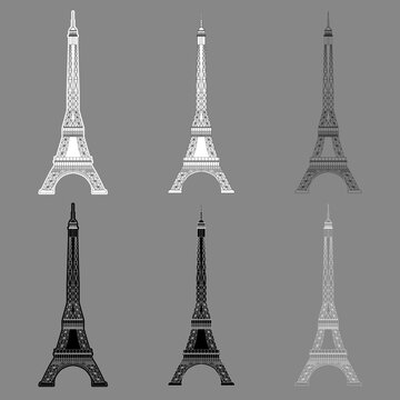 Set Eiffel Tower isolated on gray background. Real scale image