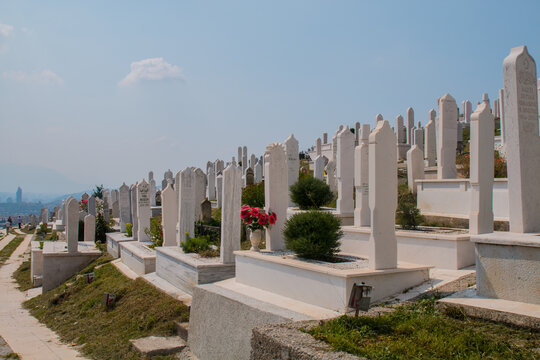 Martyrs&rsquo; Cemetery Kovaci:
White graves of the muslim graveyard on the hill above the city. Total number of deaths during the Bosnian War (1992-1995) was 110,000 people
