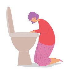 Bulimia and vomit personality disorders flat vector illustration. Tired girl near the toilet, woman sick. Eating disorder, mental disorder, body rejection, dysmorphophobia, self hate concept. - obrazy, fototapety, plakaty