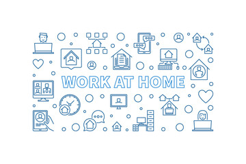 Work At Home vector concept outline horizontal illustration or banner