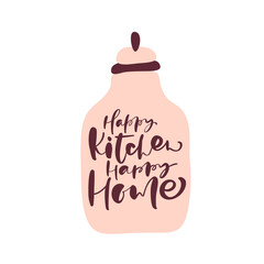 Happy Kitchen happy home hand draw calligraphy text on beige bottle. vector isolated letters logo. Positive handwritting rule lettering for motivation and inspiration