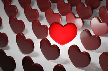 Particular Red heart with reflection on white floor background. Valentines day texture and love concept. 3D Render illustration.