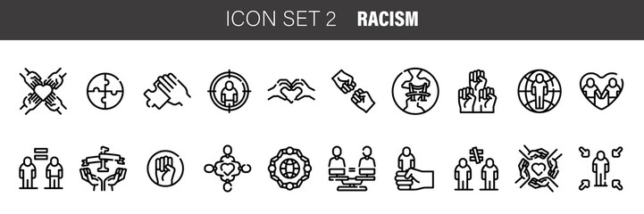 Racism icons set. Outline set of racism vector icons for web design isolated on white background.