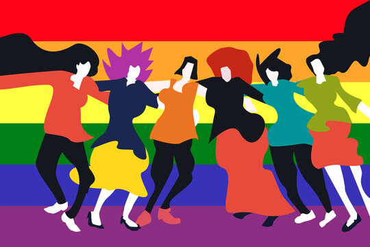 Illustration of dancing people in front of the Rainbow flag. Concept for LGBT pride parade