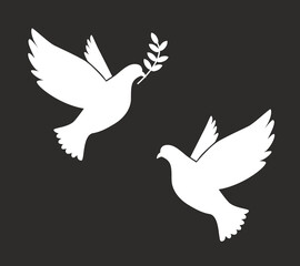 Black Silhouette of Flying Dove with Olive Twig Vector Icon Template