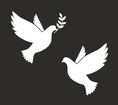 Black Silhouette Of Flying Dove With Olive Twig Vector Icon Template