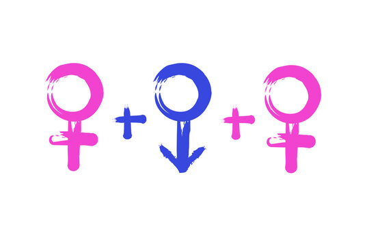 Symbol of polyamorous and polygamous relationships. Male sex symbol plus two pink female sex symbols.The concept of modern relations. Flat vector illustration