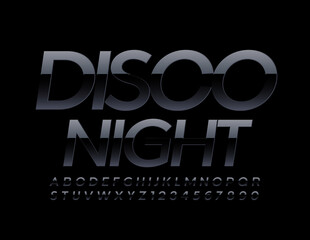 Vector stylish logo Disco Night. Chic Black Font. Glossy Alphabet Letters and Numbers.