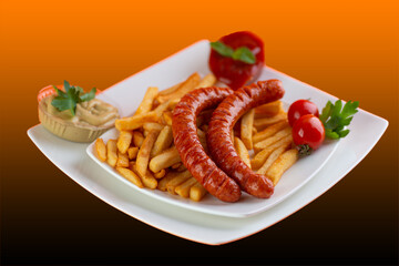 Sausage and french fries meal.