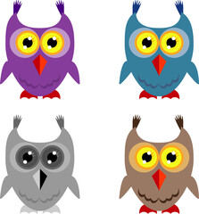 Naklejka premium Funny drawn cartoon owl set isolated on white background. Web line image for label and poster. Flat designe. Coloring pictures.