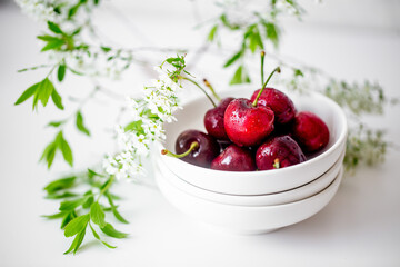 fresh Cherry on white bowl with flowers