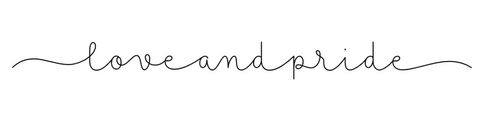 LOVE AND PRIDE black vector monoline calligraphy banner with swashes