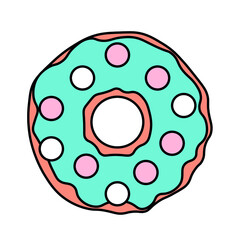 Donut with blue icing and balls of white and pink chocolate. Icon, vector illustration in a flat style.