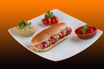 Tasty hot dog on white plate