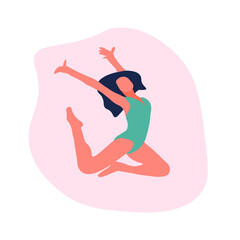 A girl with dark hair in a blue swimsuit in a flying pose, isolated on a white background. Vector illustration.