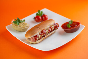 Tasty hot dog on white plate