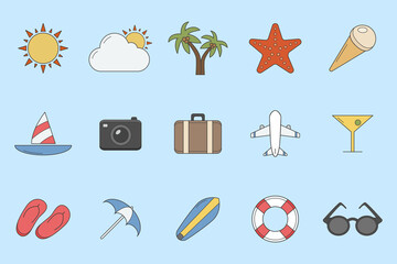 Vacation Icons set - Vector color symbols of travel, holiday day for the site or interface