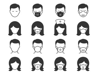 Man and Woman in medical mask icons. Black vector illustration.