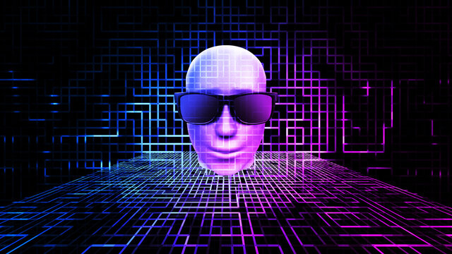 AI artificial intelligence concept digital technology background, 3D rendering of the human head with sunglasses on the circuit space of the neon color circuit board. - Powered by Adobe