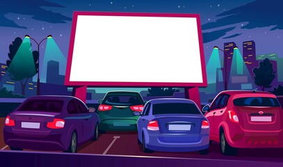 Outdoors car cinema with empty white screen vector illustration. Drive-in movie theater with open air parking flat style. Night city with glowing screen. Urban entertainment and film festival concept