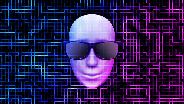 AI artificial intelligence concept digital technology background, 3D rendering of the human head with sunglasses on the circuit space of the neon color circuit board.