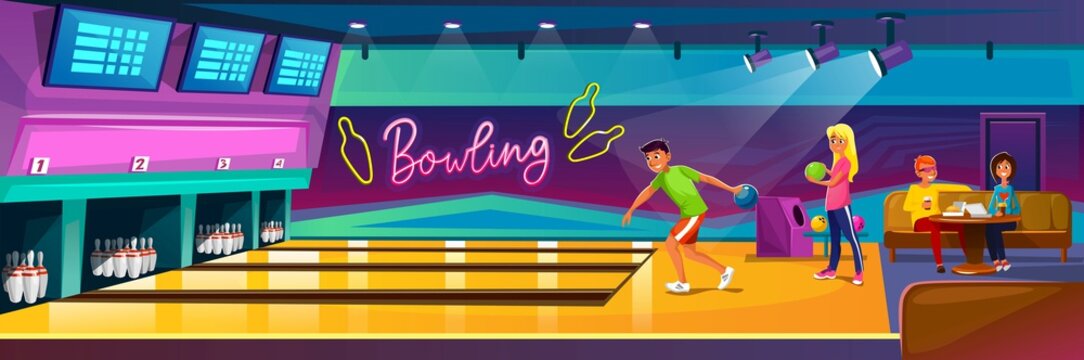 People Playing Bowling In Luxury Club On Party Vector Illustration. Friends Company Relax In Recreation Area With Skittles On Lane Cartoon Design. Hobby And Competition Concept