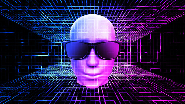 AI artificial intelligence concept digital technology background, 3D rendering of the human head with sunglasses on the circuit space of the neon color circuit board.
