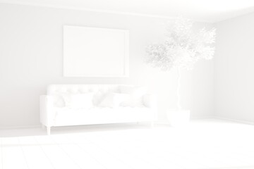 modern white room with sofa,plant and frame interior design. 3D illustration