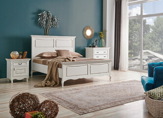 Classic bed room furniture, decorative dark blue wall background, interior room style.