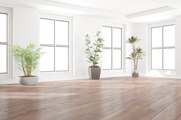 modern room with many windows and plants in pots interior design. 3D illustration